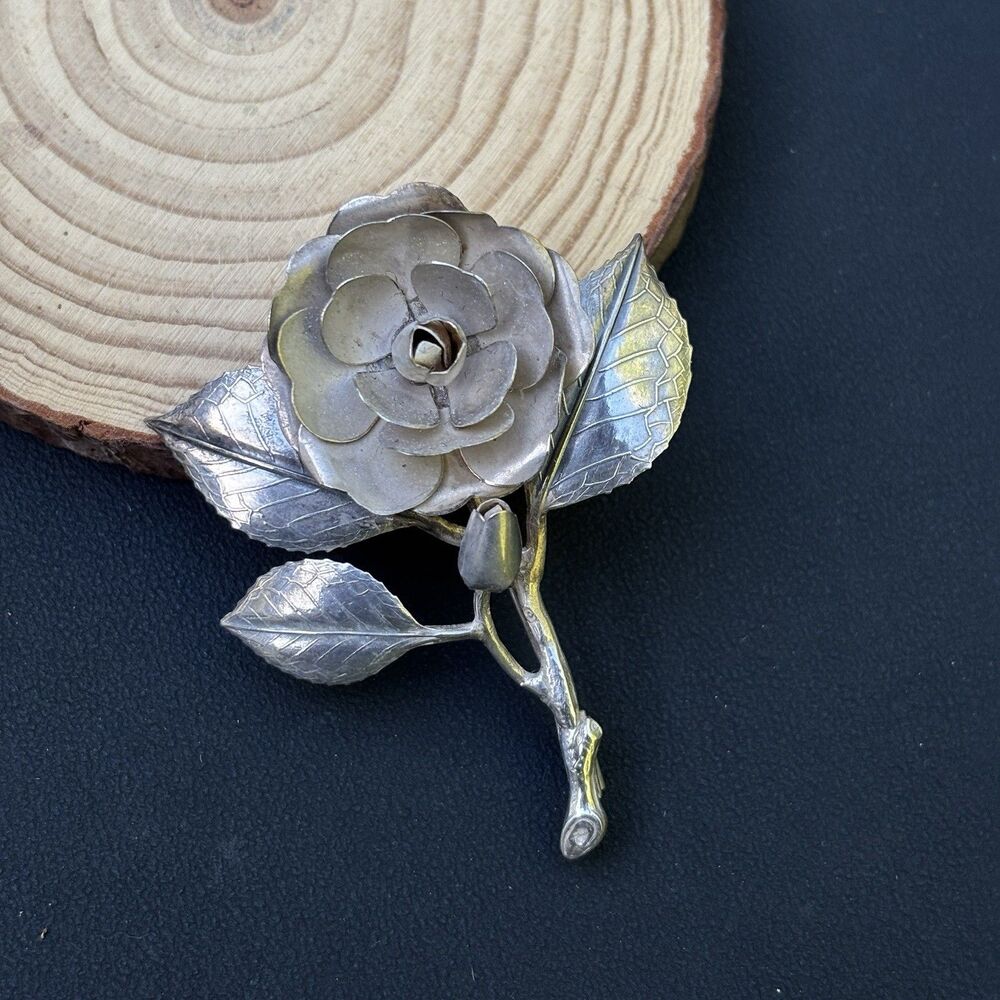 Vintage 925 Sterling Silver 3D Rose Flower Brooch Artisan Modernist Pin